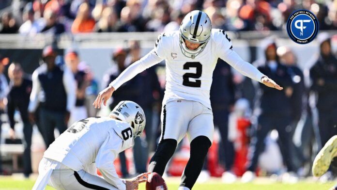 Las Vegas Raiders kicker Daniel Carlson (2) kicks a field goal against the Chicago Bears at Soldier Field.