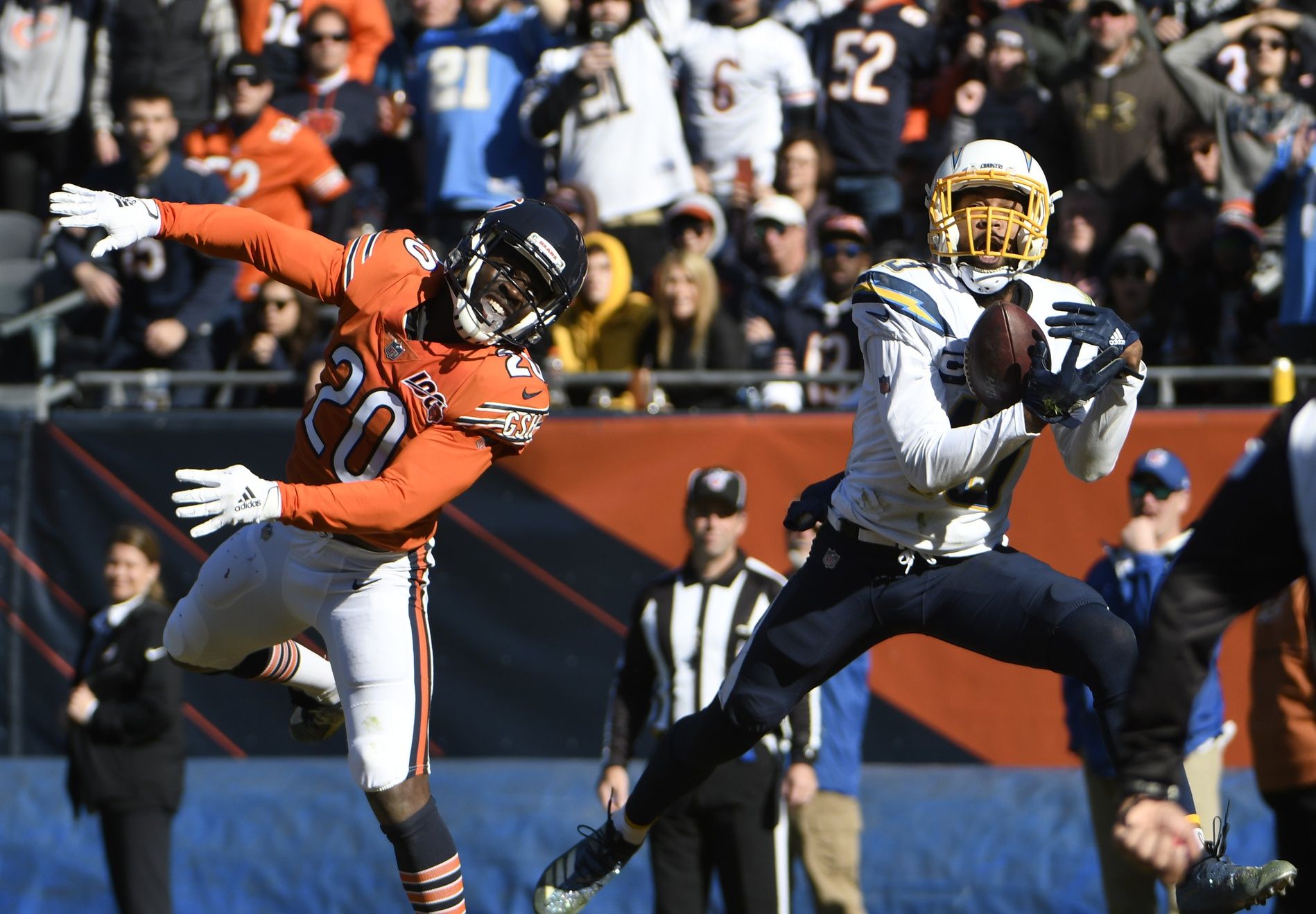 Chicago Bears cornerback Prince Amukamara (20) defends Los Angeles Chargers as wide receiver Keenan Allen (13) tries to make a catch during the second half at Soldier Field.