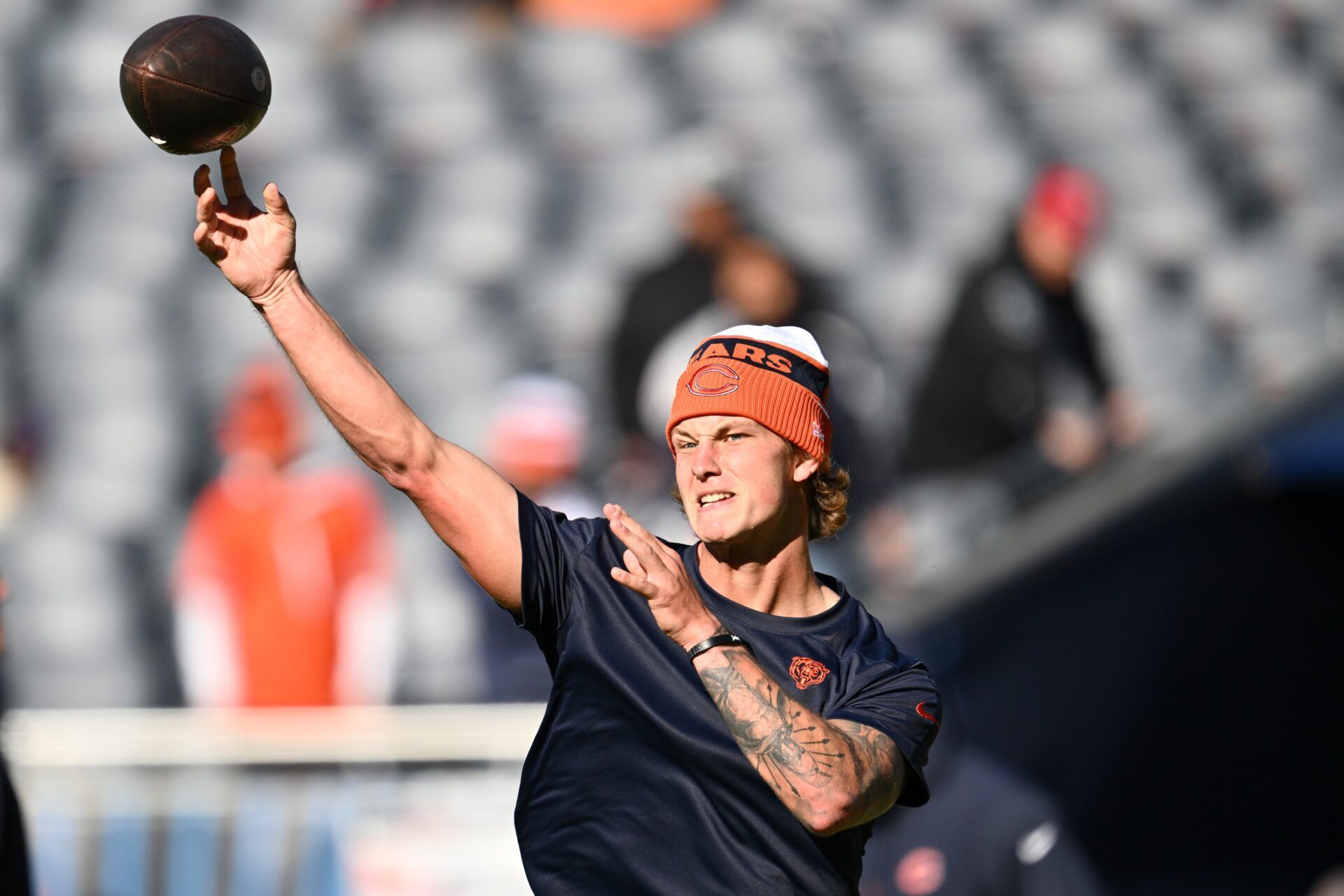 Chicago Bears quarterback Tyson Bagent (17) warms up before a game against the Las Vegas Raiders at Soldier Field.