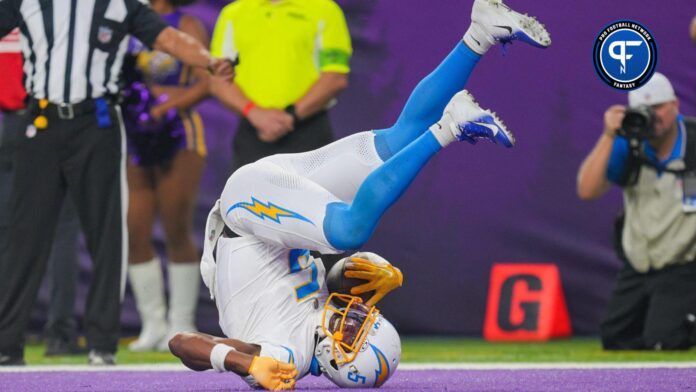 Los Angeles Chargers WR Joshua Palmer (5) flips in the end zone during a TD against the Minnesota Vikings.