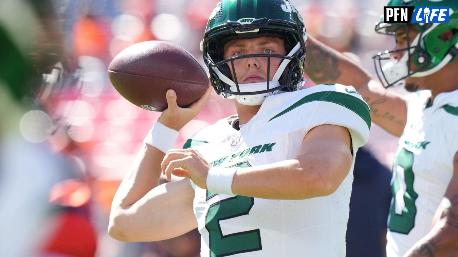 New York Jets quarterback Zach Wilson (2) before the game against the Denver Broncos at Empower Field at Mile High.