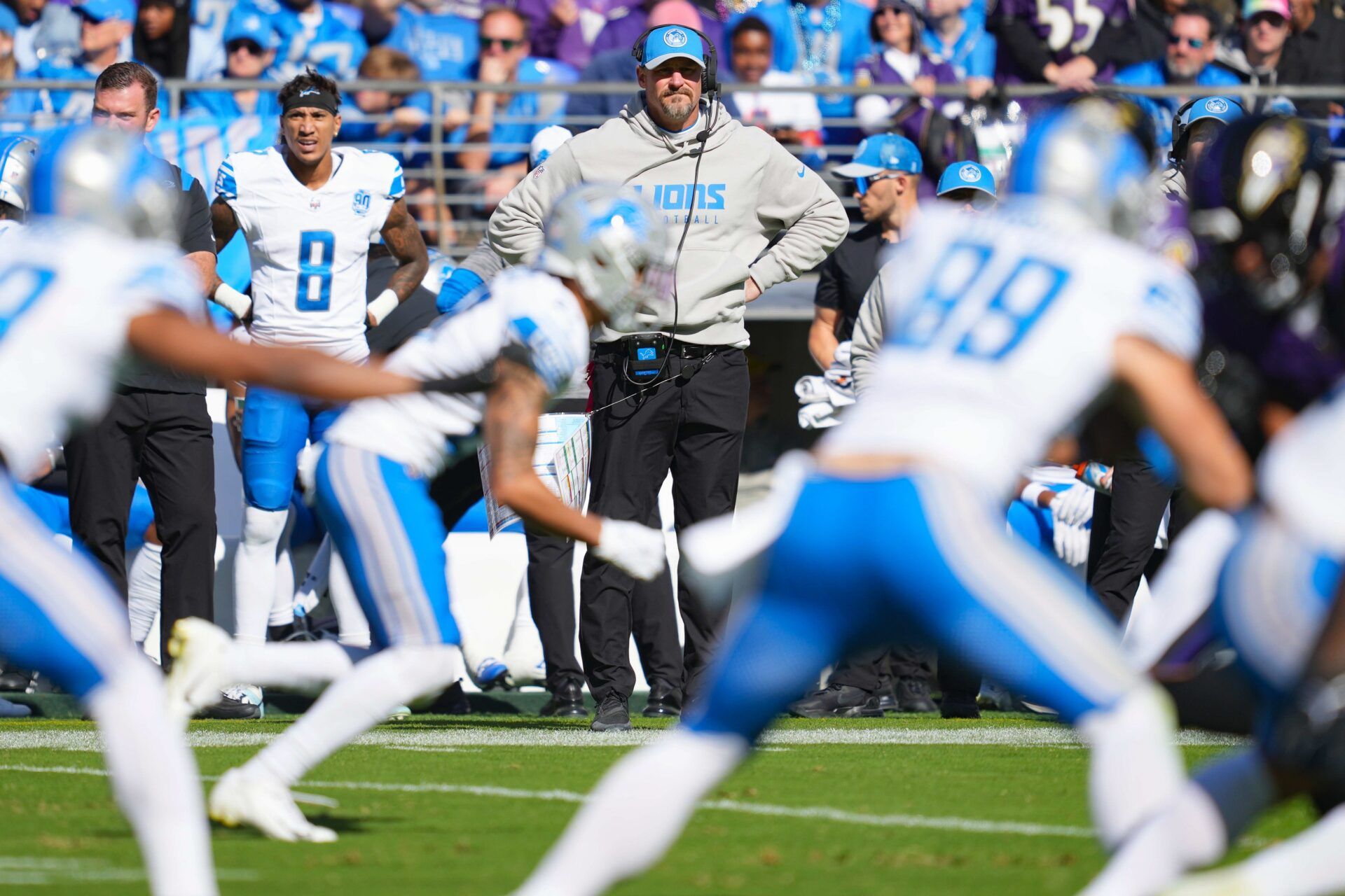 Detroit Lions head coach Dan Campbell watches from the sideline during the second quarter against the Baltimore Ravens at M&T Bank Stadium.