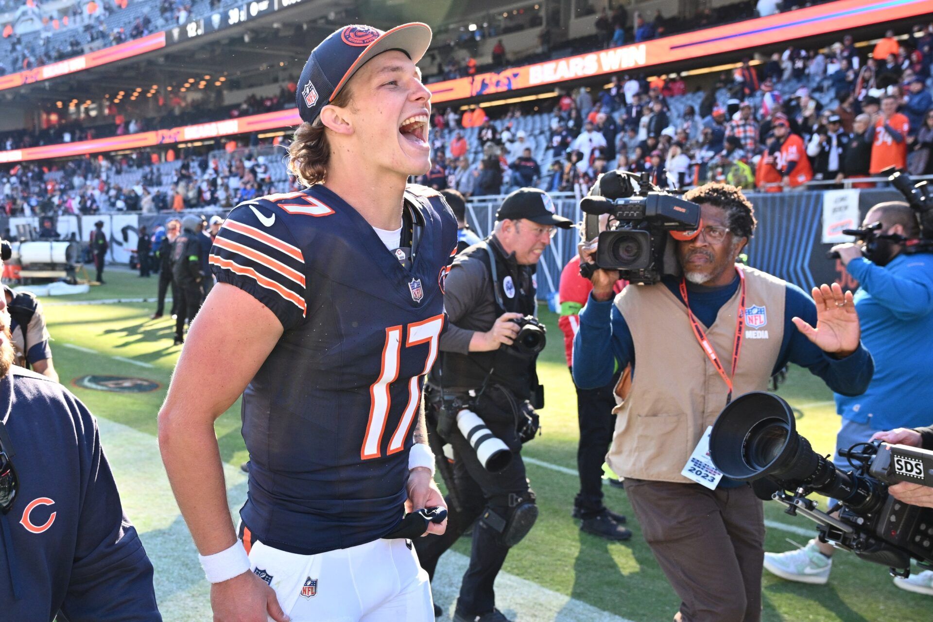 Chicago Bears QB Tyson Bagent (17) expresses his excitement after a win over the Las Vegas Raiders.