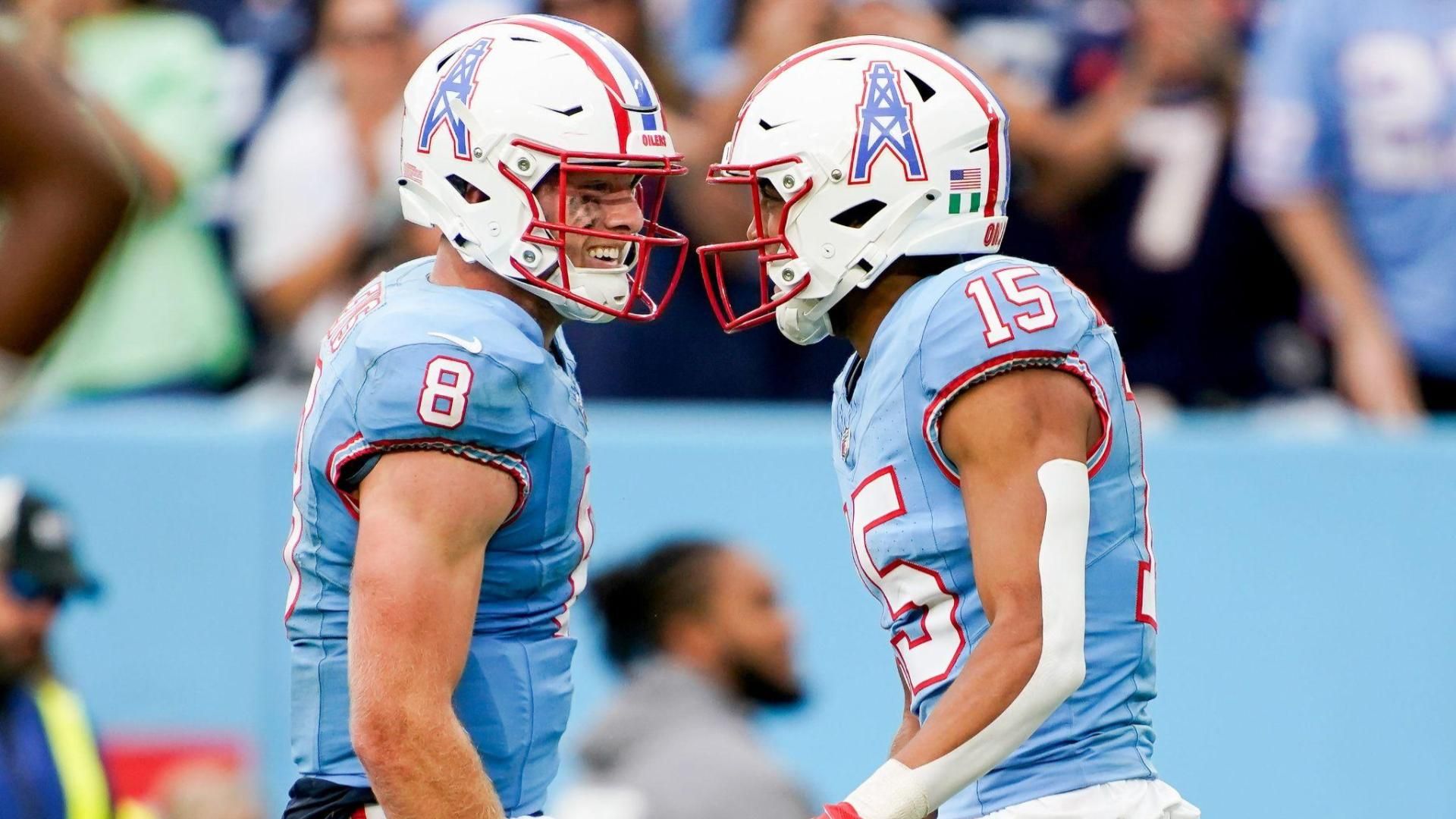 Tennessee Titans wide receiver Nick Westbrook-Ikhine (15) celebrates his touchdown against the Atlanta Falcons with quarterback Will Levis (8) during the fourth quarter at Nissan Stadium in Nashville, Tenn., Sunday, Oct. 29, 2023.