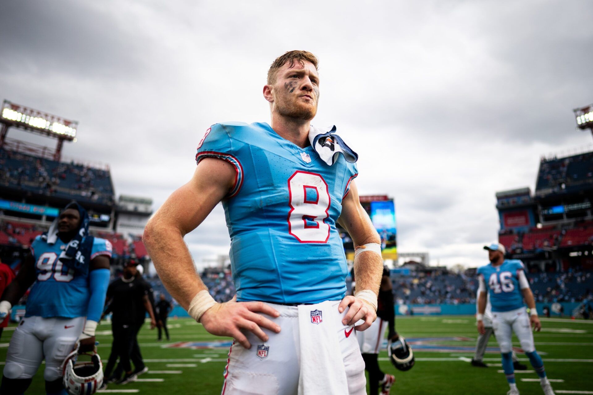 Will Levis (8) celebrates on the field after defeating the Atlanta Falcons at Nissan Stadium.