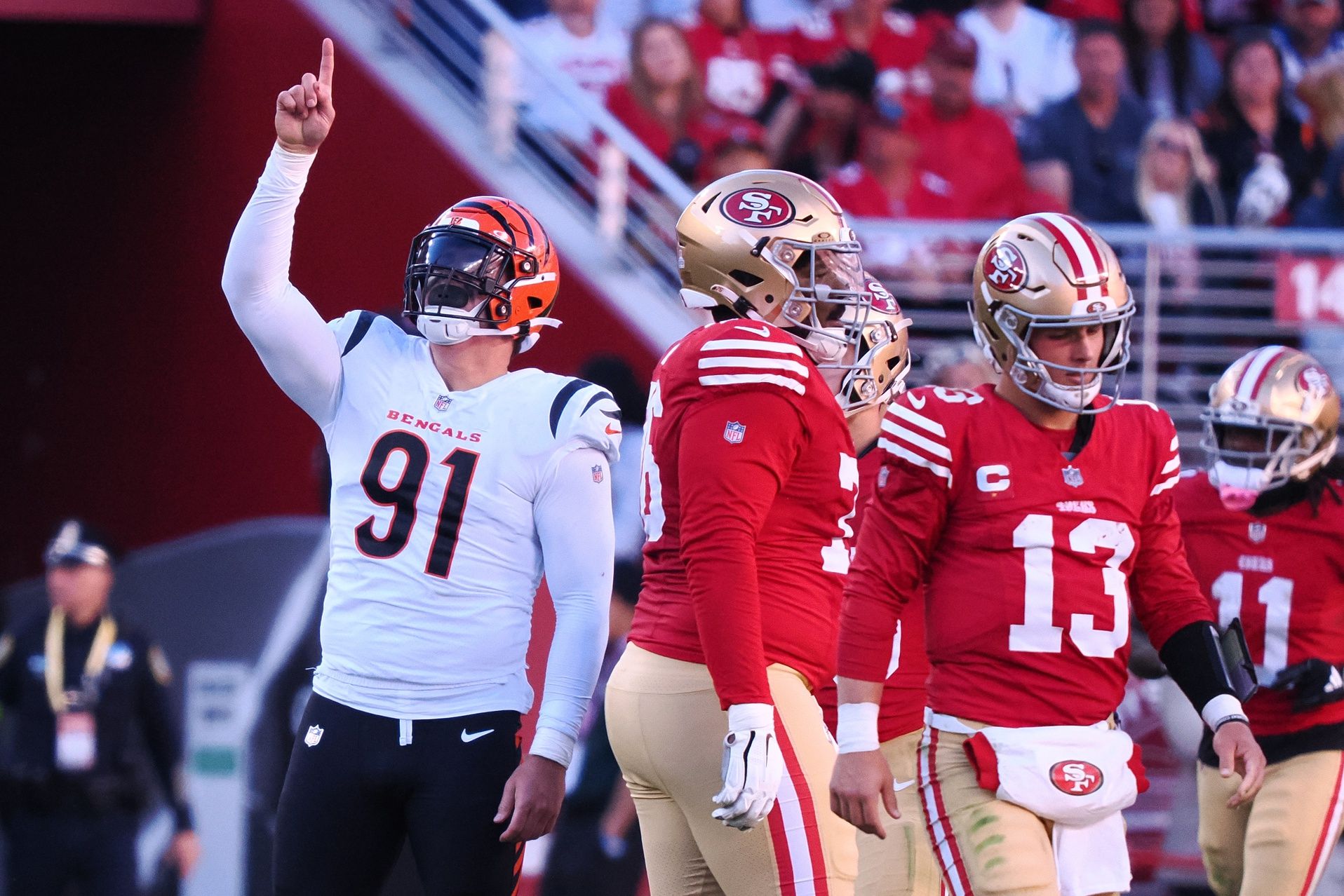 Cincinnati Bengals defensive end Trey Hendrickson (91) gestures after making a sack against San Francisco 49ers quarterback Brock Purdy (13) during the fourth quarter at Levi's Stadium.