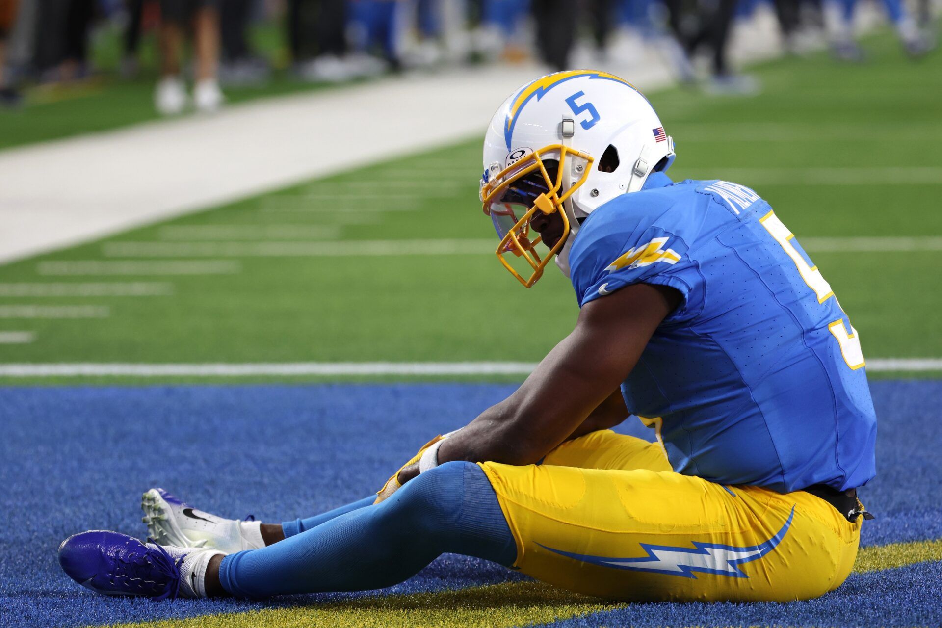 Los Angeles Chargers wide receiver Joshua Palmer (5) reacts after dropping a pass in the end zone during the third quarter against the Dallas Cowboys at SoFi Stadium.