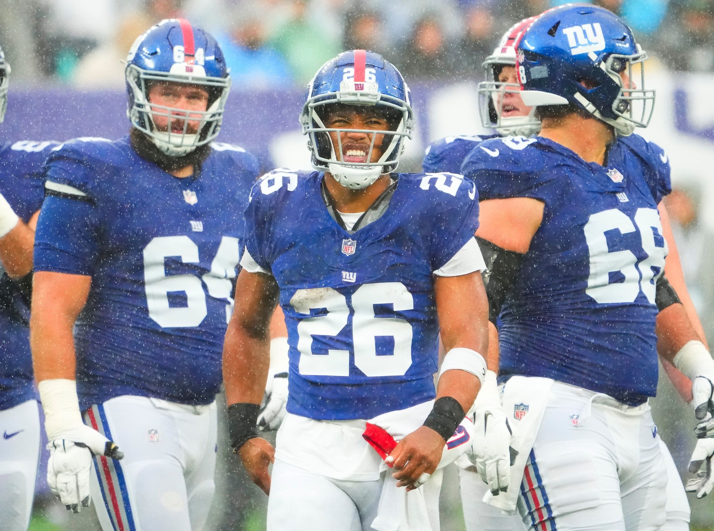 Saquon Barkley (26) reacts after being stopped short of a first down by the New York Jets in the second half at MetLife Stadium.