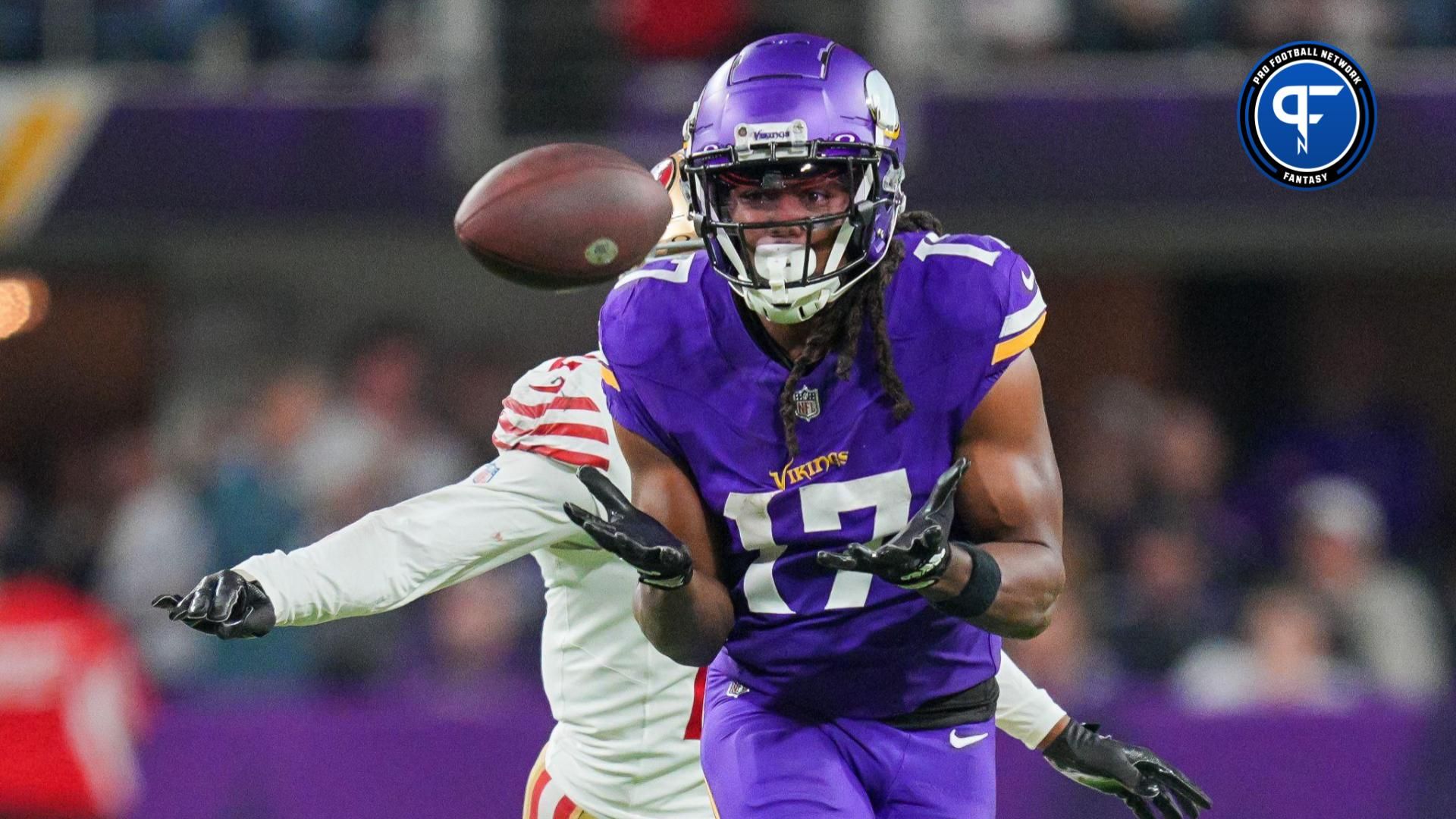 Minnesota Vikings wide receiver K.J. Osborn (17) catches a pass against the San Francisco 49ers in the fourth quarter at U.S. Bank Stadium.