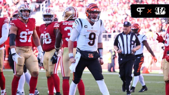 Joe Burrow (9) reacts after making a play against the San Francisco 49ers during the fourth quarter at Levi's Stadium.