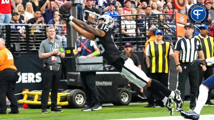 Las Vegas Raiders wide receiver Jakobi Meyers (16) attempts to catch a pass against the New England Patriots.