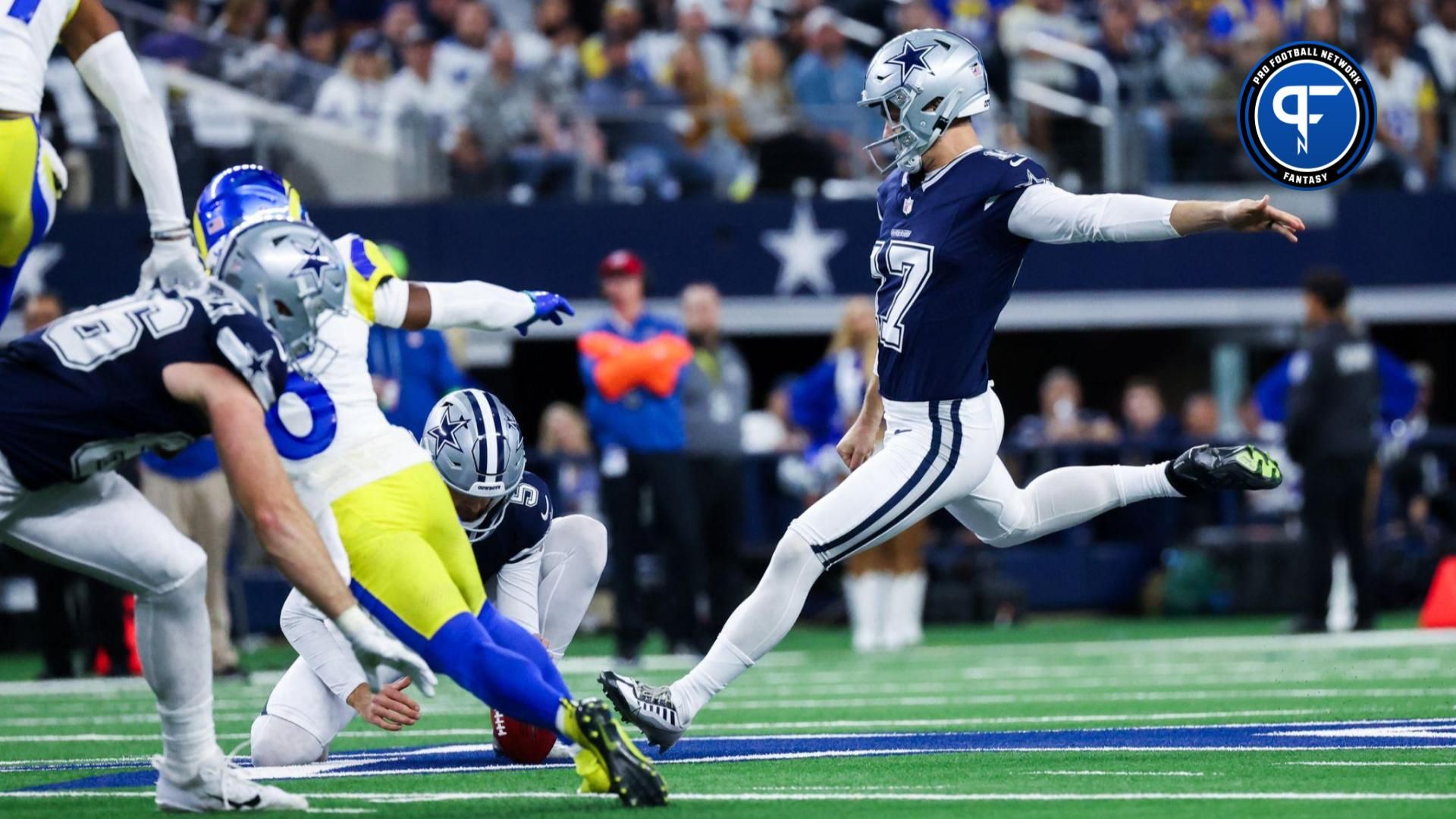 Dallas Cowboys kicker Brandon Aubrey (17) kicks a field goal against the Los Angeles Rams.