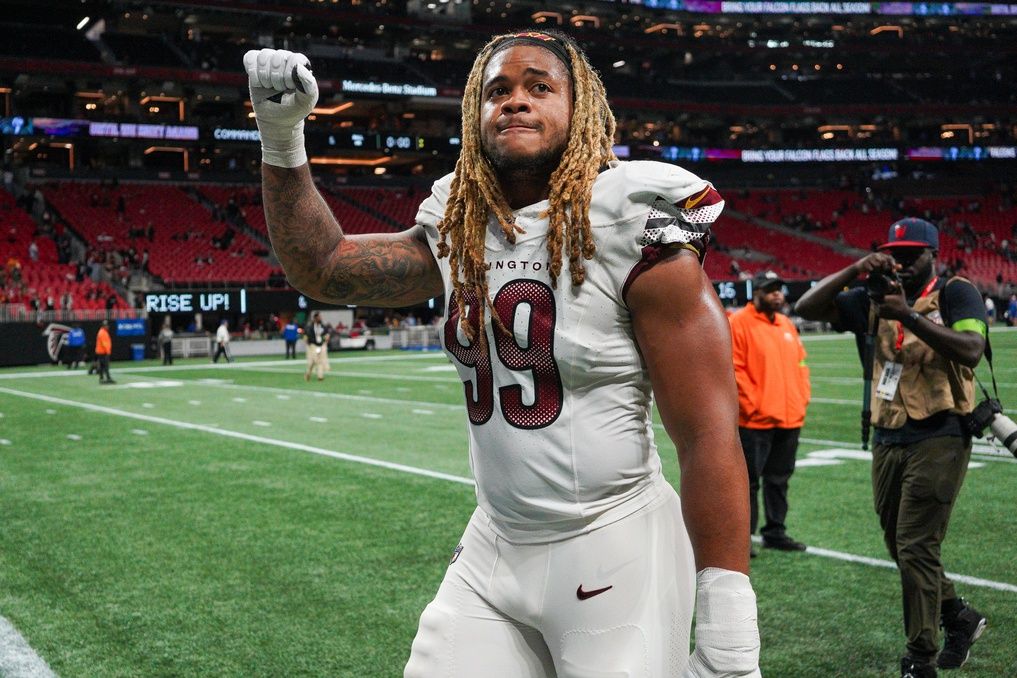 Washington Commanders EDGE Chase Young (99) reacts after a game against the Atlanta Falcons.