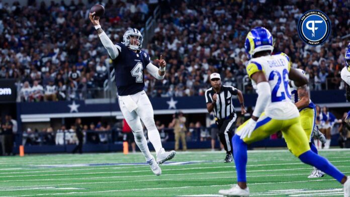 Dallas Cowboys QB Dak Prescott (4) throws a pass deep against the Los Angeles Rams.