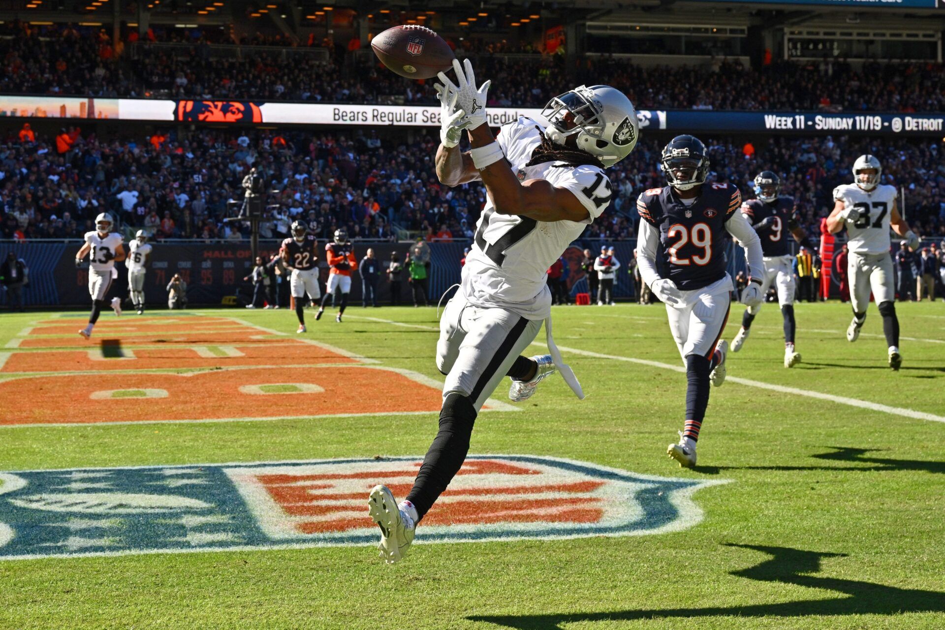 Las Vegas Raiders wide receiver Davante Adams (17) drops a pass in the end zone in the fourth quarter against the Chicago Bears at Soldier Field.