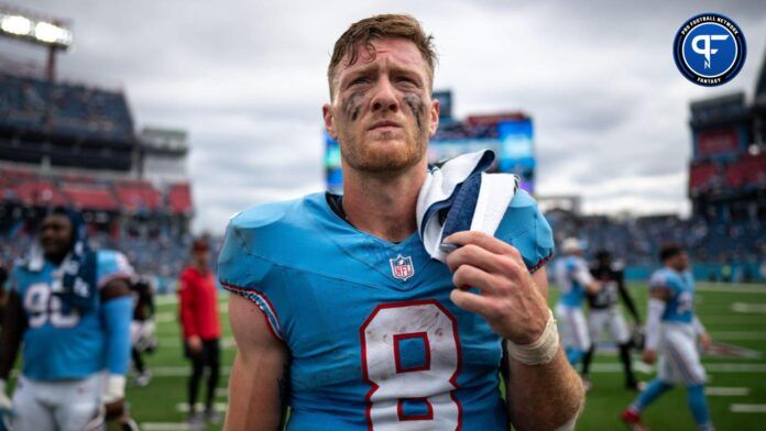 Will Levis (8) celebrates on the field after defeating the Atlanta Falcons at Nissan Stadium.