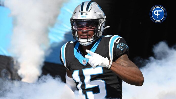 Carolina Panthers wide receiver Jonathan Mingo (15) runs on to the field at Bank of America Stadium.