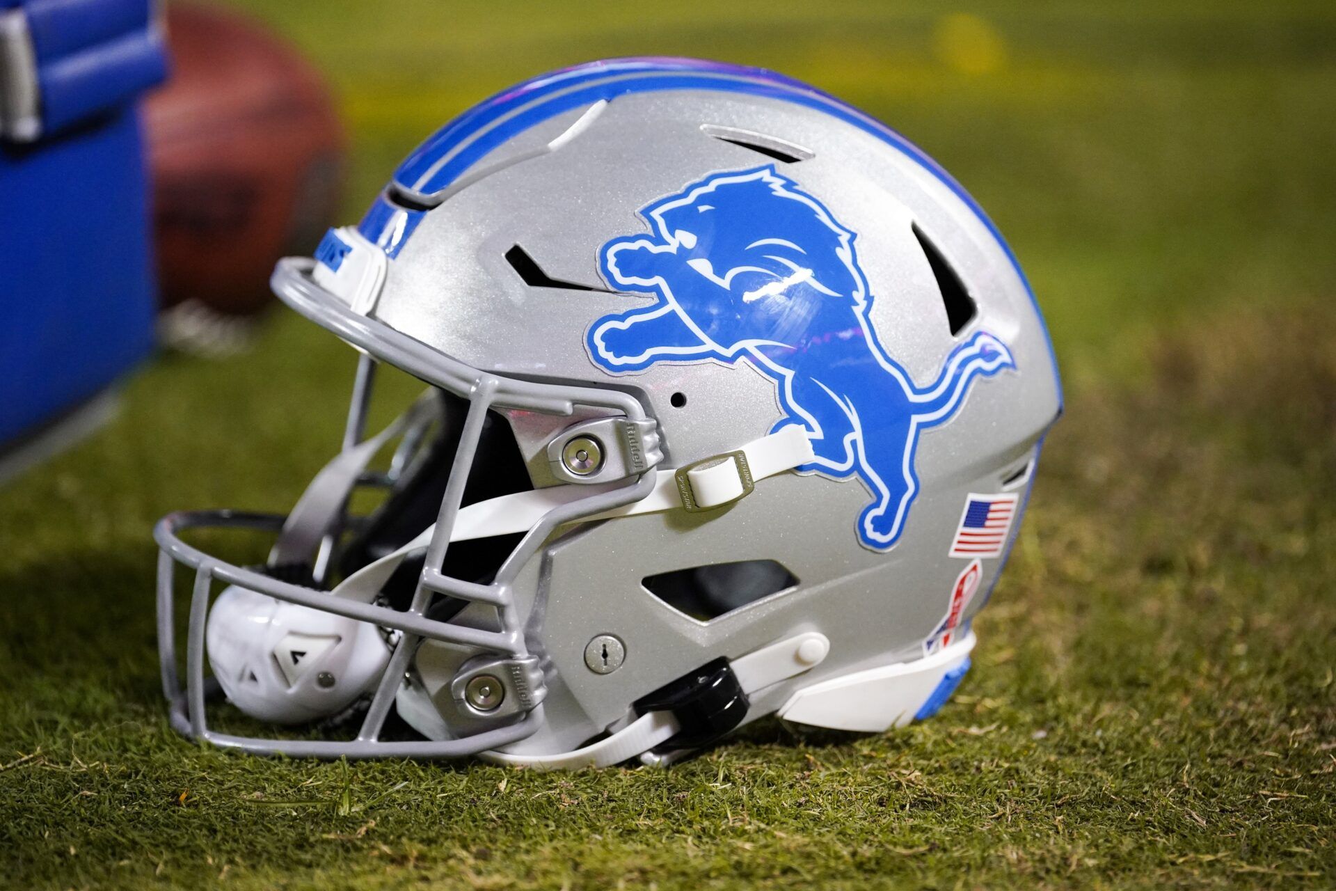 A general view of a Detroit Lions helmet against the Kansas City Chiefs during the second half at GEHA Field at Arrowhead Stadium.