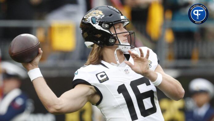 Trevor Lawrence (16) warms up before the game against the Pittsburgh Steelers at Acrisure Stadium.