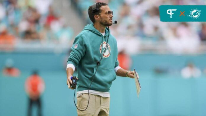 Mike McDaniel looks on from the sideline against the New England Patriots during the second quarter at Hard Rock Stadium.