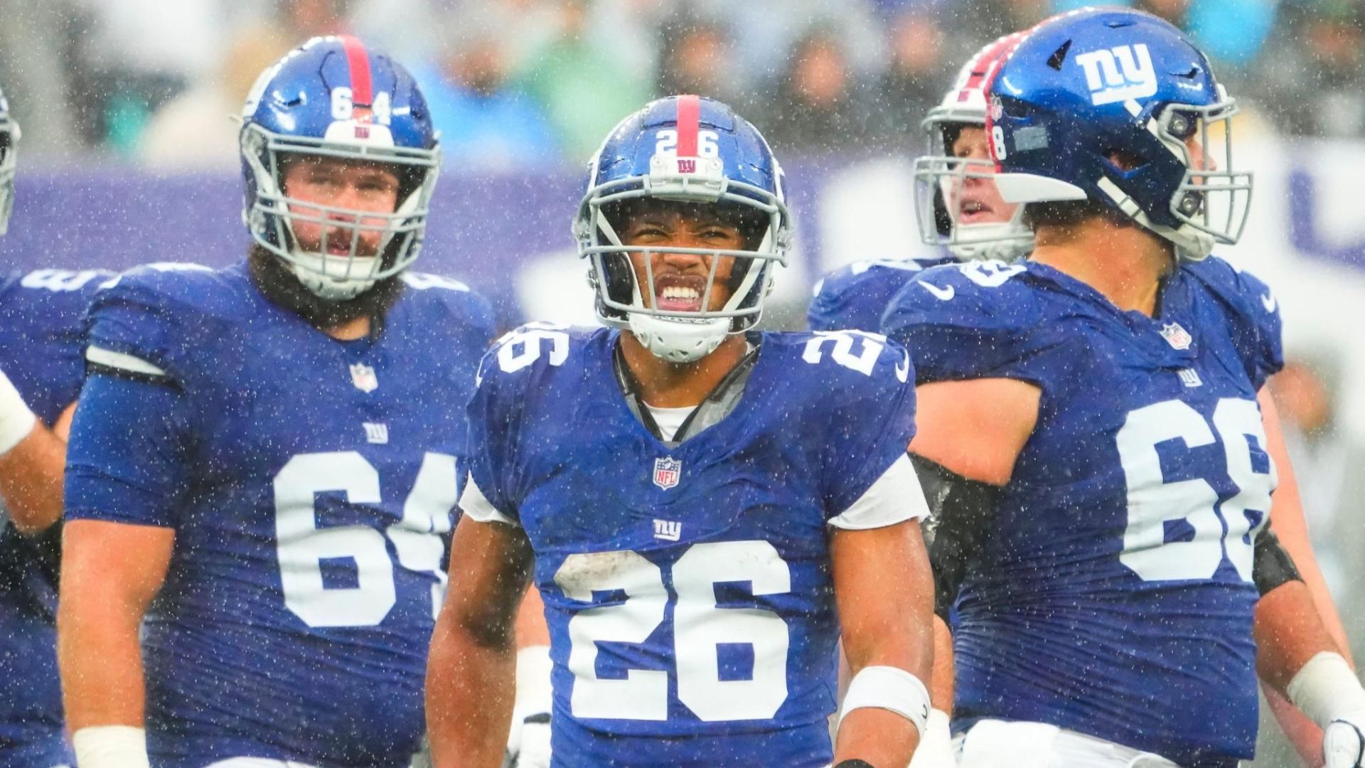 New York Giants running back Saquon Barkley (26) reacts after being stopped short of a first down by the New York Jets in the second half at MetLife Stadium.