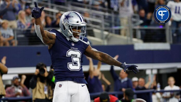 Dallas Cowboys wide receiver Brandin Cooks (3) reacts after scoring a touchdown in the fourth quarter against the Los Angeles Rams at AT&T Stadium.