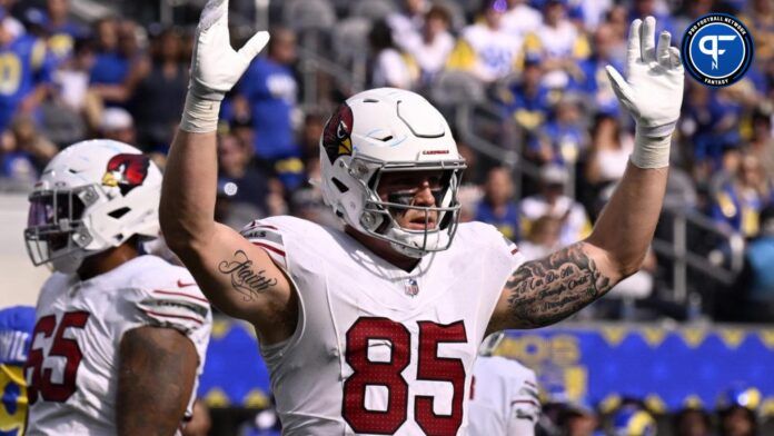 Trey McBride (85) celebrates a field goal against the Los Angeles Rams during the first half at SoFi Stadium.