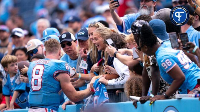 Tennessee Titans quarterback Will Levis (8) celebrates with fans after defeating the Atlanta Falcons.