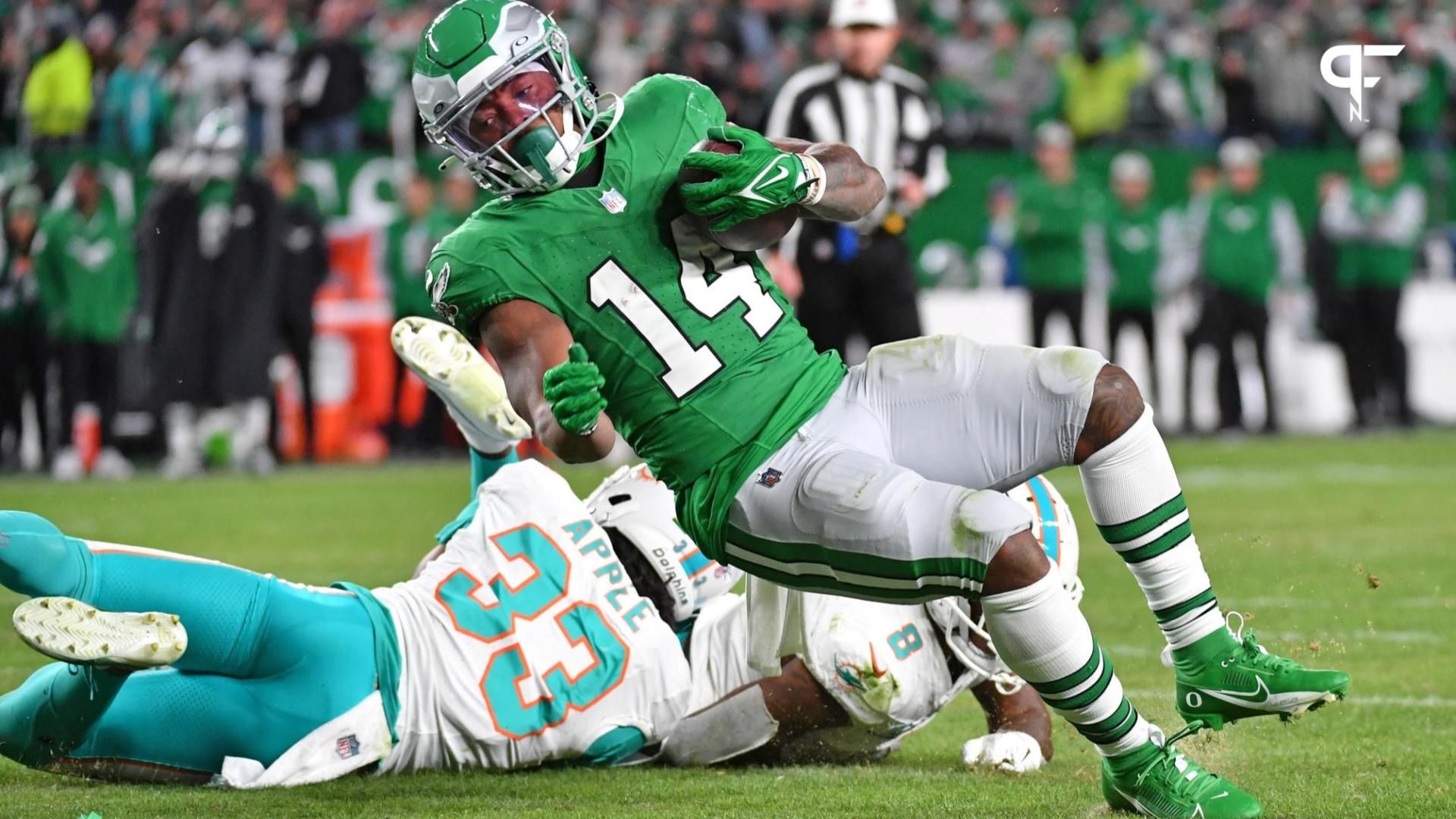 Philadelphia Eagles running back Kenneth Gainwell (14) scores a touchdown during the fourth quarter against the Miami Dolphins.