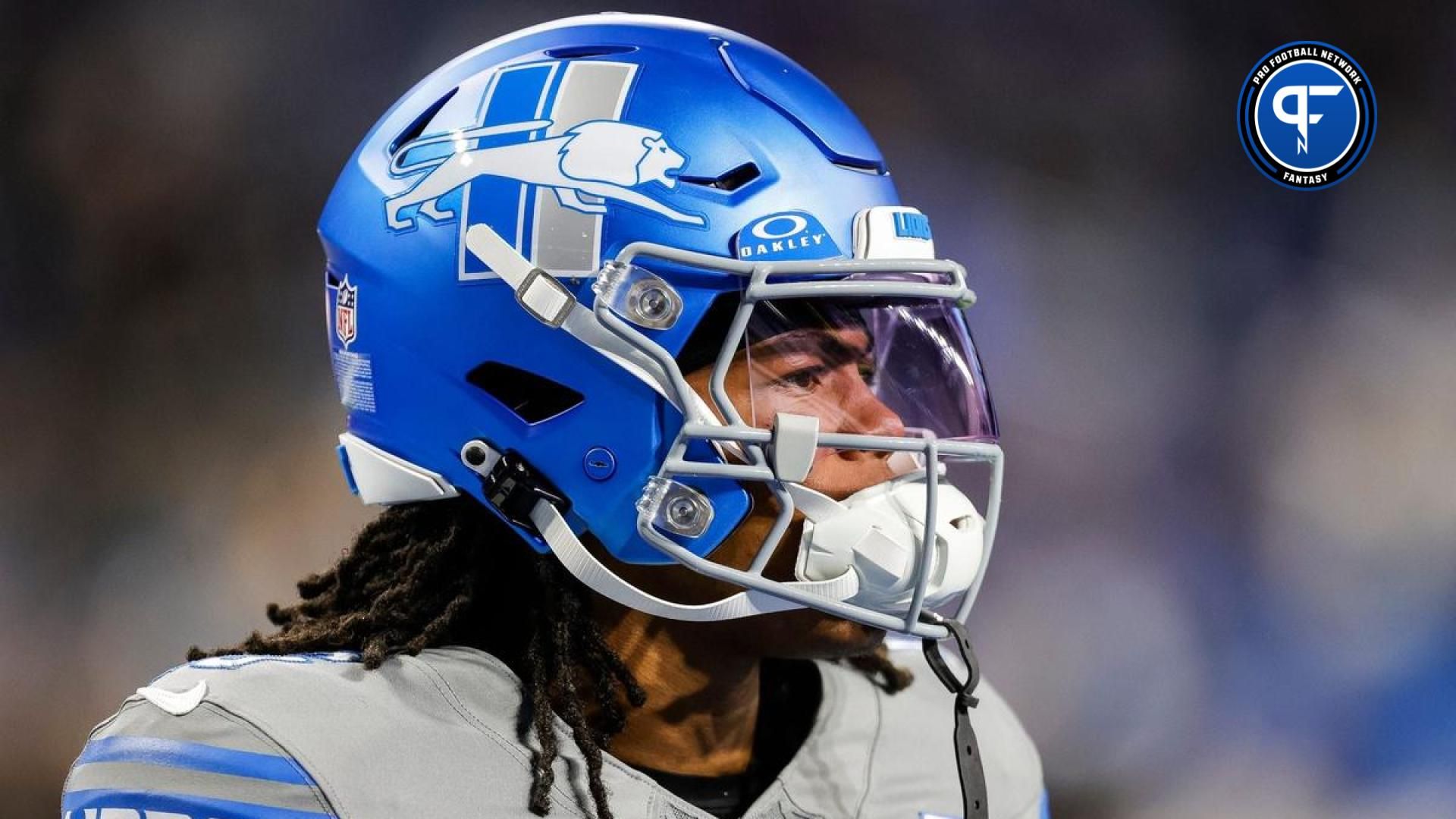 Lions running back Jahmyr Gibbs warms up before the game against the Raiders on Monday, Oct. 30, 2023, at Ford Field.