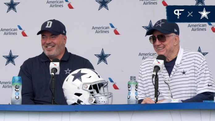 Dallas Cowboys coach Mike McCarthy (left) and owner Jerry Jones at training camp press conference at the River Ridge Fields.