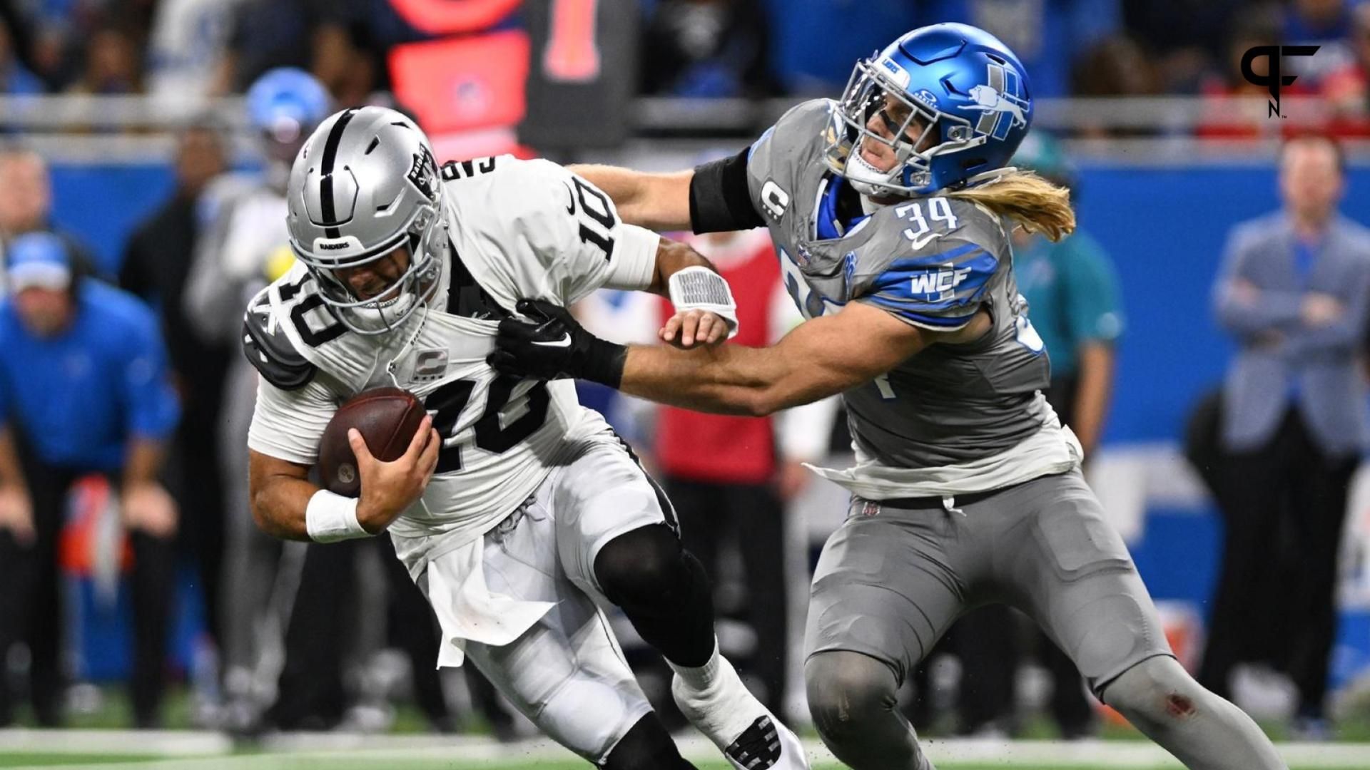 etroit Lions linebacker Alex Anzalone (34) sacks Las Vegas Raiders quarterback Jimmy Garoppolo (10) in the fourth quarter at Ford Field.