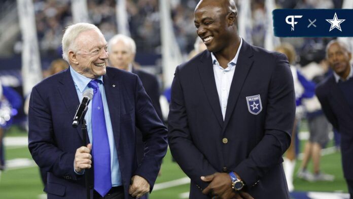 Dallas Cowboys owner Jerry Jones and Demarcus Ware smile during the Ring of Honor induction ceremony.