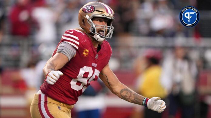 San Francisco 49ers tight end George Kittle (85) reacts after scoring a touchdown against the Dallas Cowboys during the second quarter at Levi's Stadium.