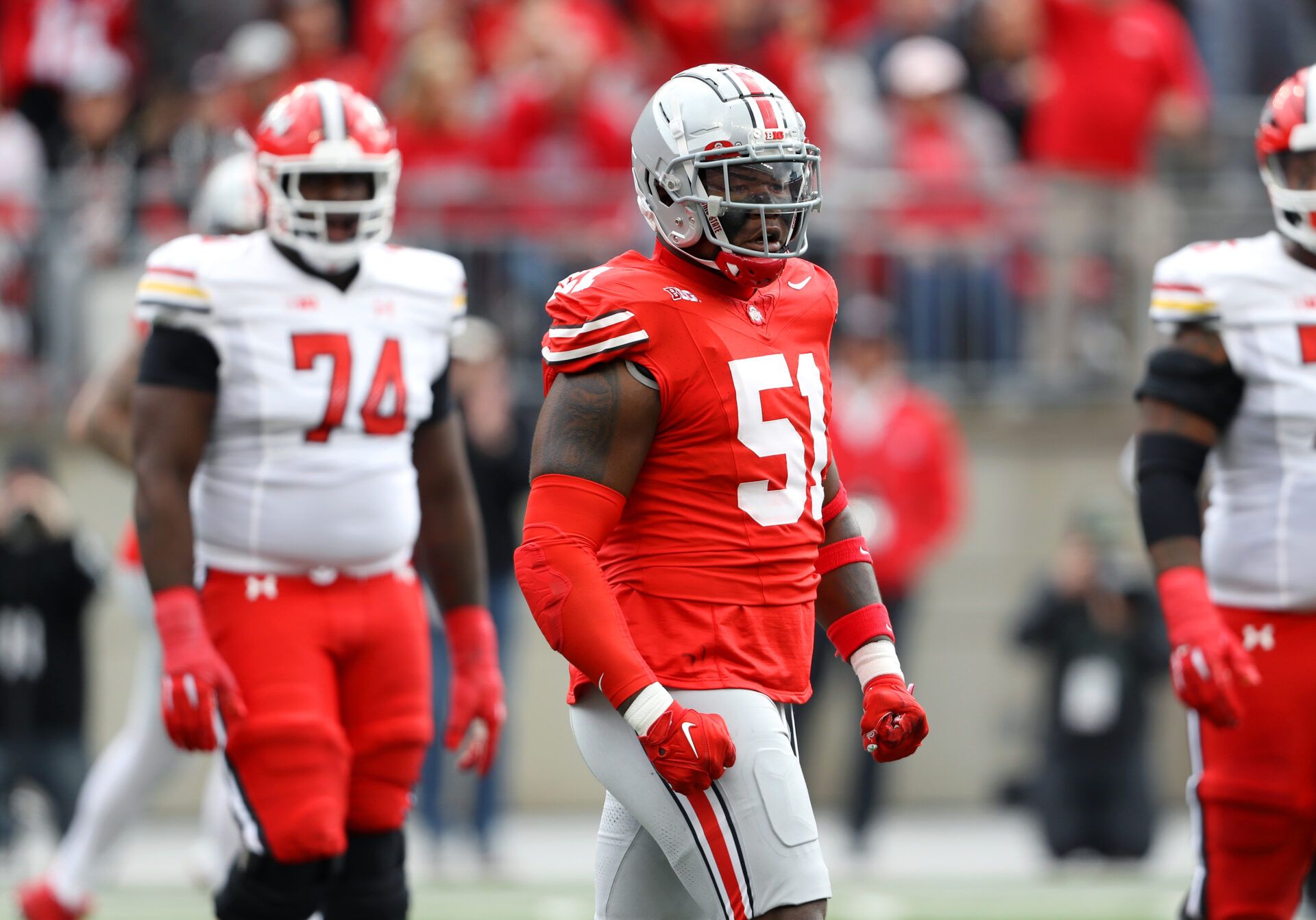 Ohio State Buckeyes defensive tackle Michael Hall Jr. (51) celebrates the pass pressure during the first quarter against the Maryland Terrapins at Ohio Stadium.