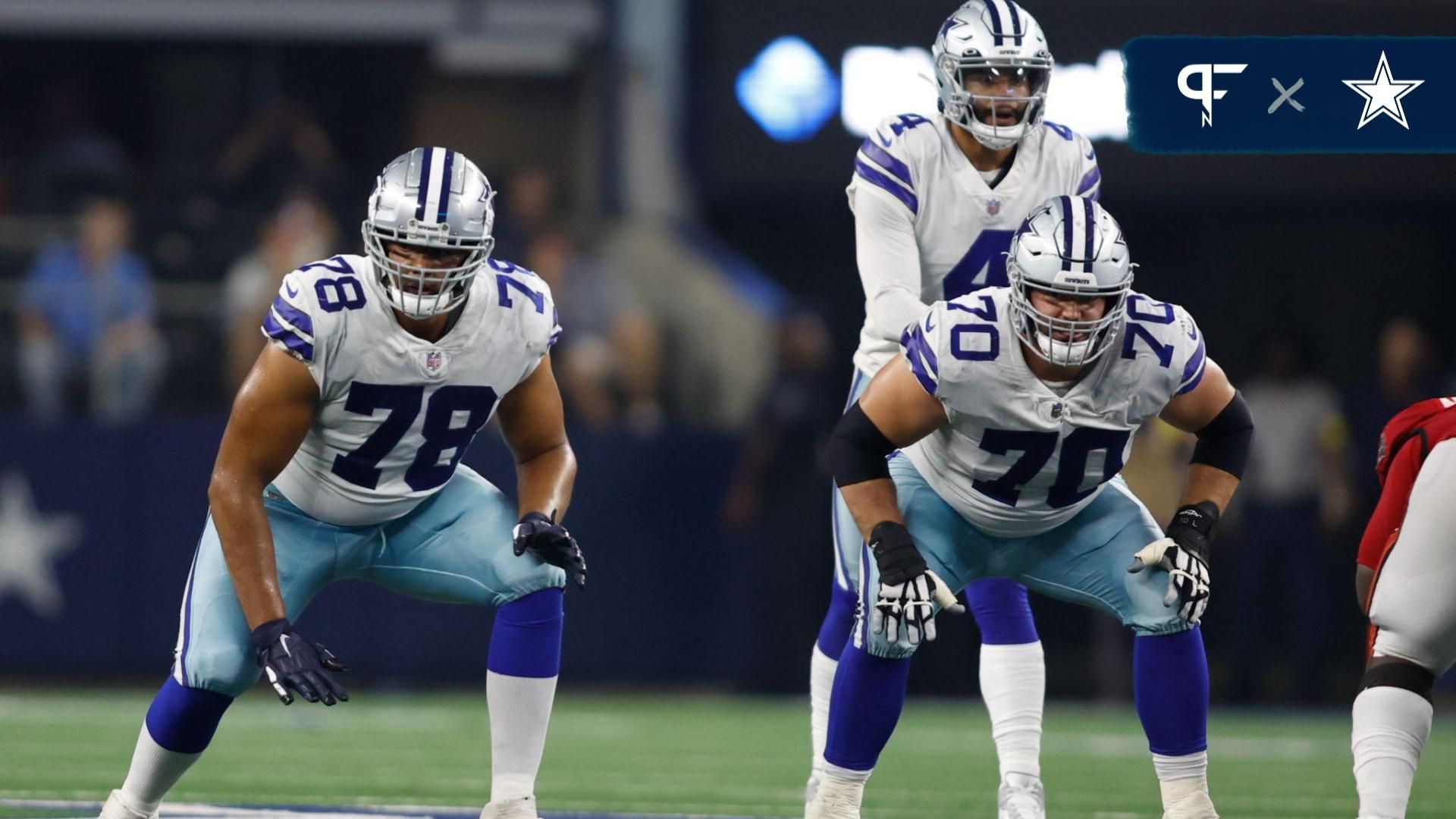 Dallas Cowboys offensive tackle Terence Steele (78) on the line of scrimmage before a play against the Tampa Bay Buccaneers at AT&T Stadium.