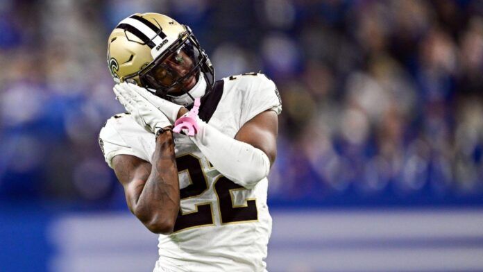 New Orleans Saints wide receiver Rashid Shaheed (22) reacts after catching a long pass during the second half against the Indianapolis Colts at Lucas Oil Stadium.