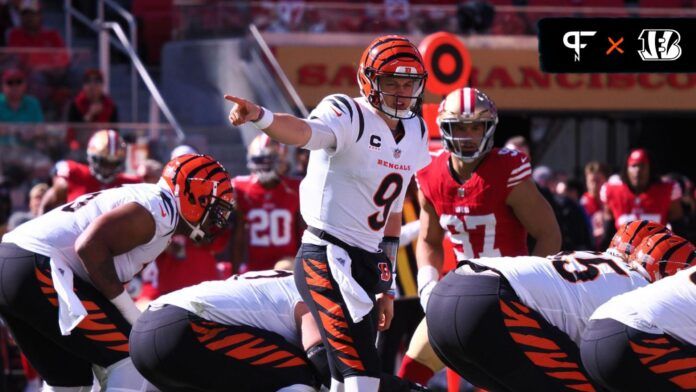 Cincinnati Bengals QB Joe Burrow (9) calls out assignments against the San Francisco 49ers.