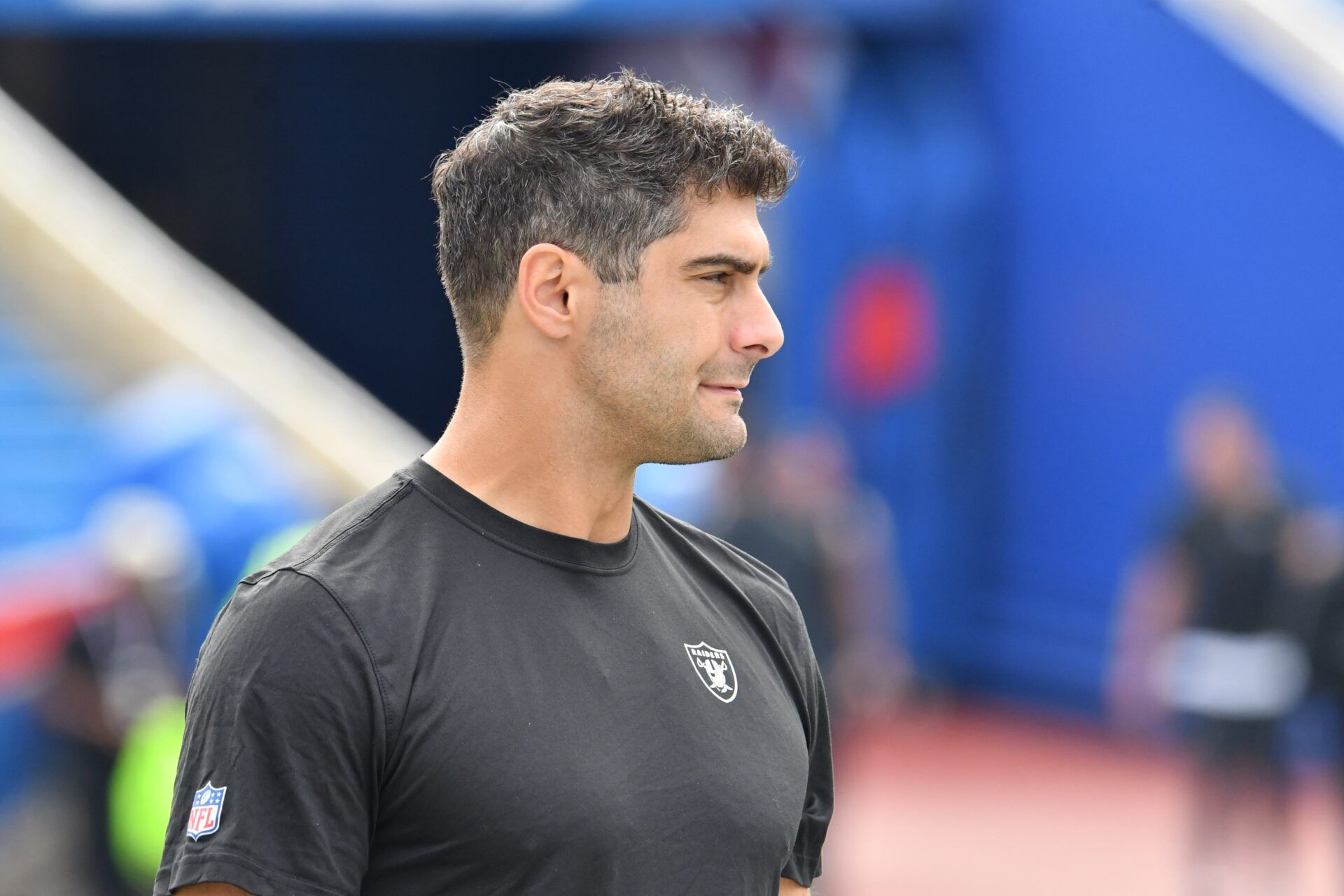 Jimmy Garoppolo warms up before a game against the Buffalo Bills at Highmark Stadium.