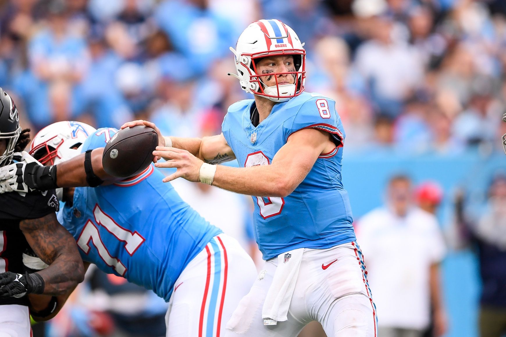 Tennessee Titans quarterback Will Levis (8) during the first second at Nissan Stadium.