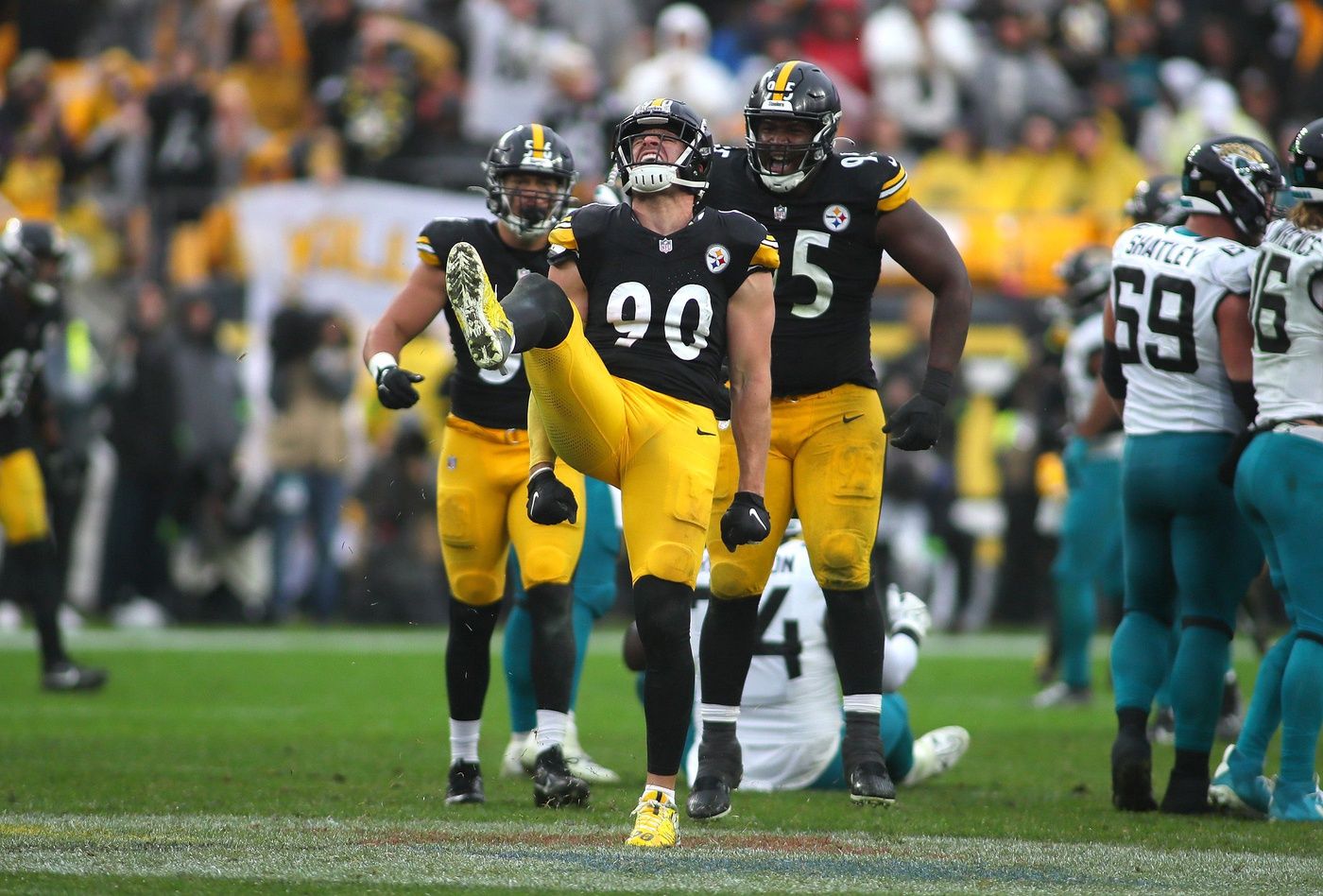 T.J. Watt (90) reacts after sacking Jacksonville Jaguars quarterback Trevor Lawrence during the second half at Acrisure Stadium.