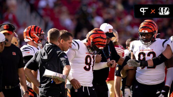 Trey Hendrickson (91) is walked off the field due to an injury in the second quarter of the NFL game between the Cincinnati Bengals and the San Francisco 49ers at Levi Stadium.