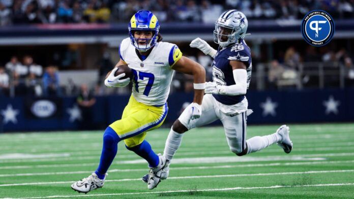 Los Angeles Rams wide receiver Puka Nacua (17) runs past Dallas Cowboys cornerback DaRon Bland (26) during the first quarter at AT&T Stadium.