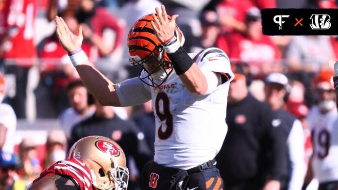 Joe Burrow (9) gestures after a play against the San Francisco 49ers during the third quarter at Levi's Stadium.