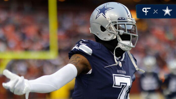 Dallas Cowboys cornerback Trevon Diggs (7) gestures on the field during warmups prior to the Cowboys' game against the Washington Commanders at FedExField.