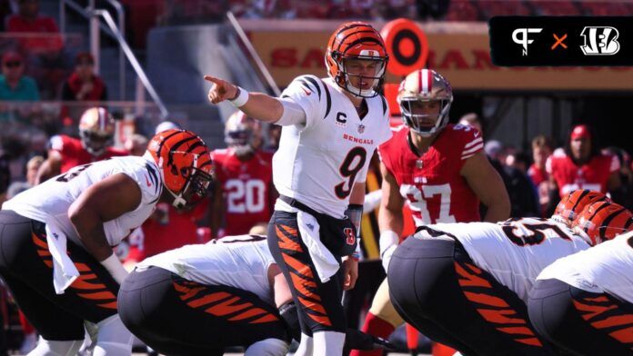 Joe Burrow (9) calls out before a play against the San Francisco 49ers during the first quarter at Levi's Stadium.