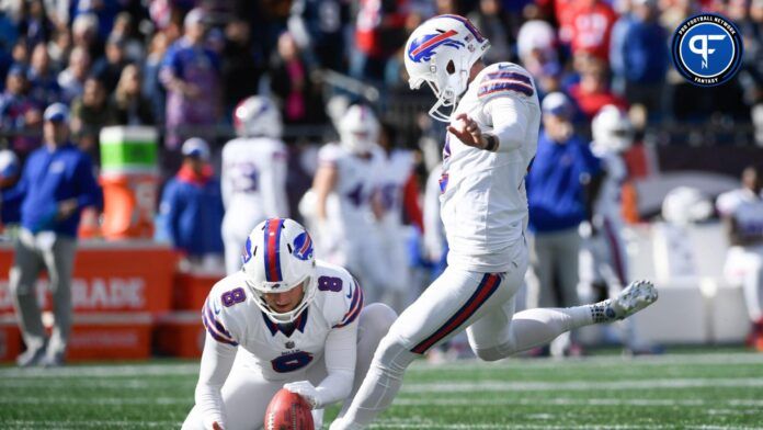 Tyler Bass (2) kicks a field goal during the first half against the New England Patriots at Gillette Stadium.