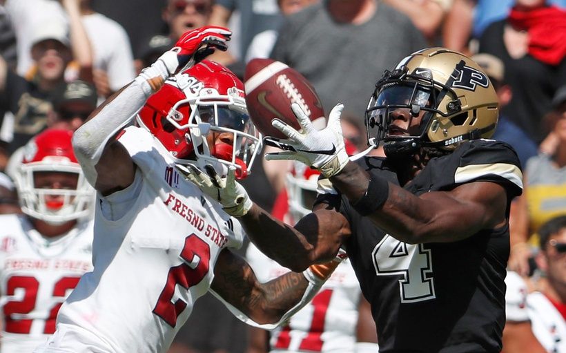 Fresno State Bulldogs defensive back Carlton Johnson (2) defends the pass caught by Purdue Boilermakers wide receiver Deion Burks (4) during the NCAA football game, Saturday, Sept. 2, 2023, at Ross-Ade Stadium in West Lafayette, Ind. Fresno State Bulldogs won 39-35.