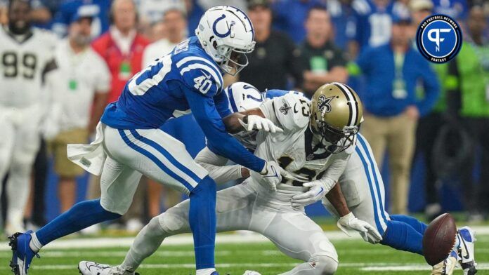 New Orleans Saints wide receiver Michael Thomas (13) is unable to receive the ball, under defensive pressure from Indianapolis Colts cornerback Jaylon Jones (40) and linebacker Zaire Franklin (44), on Sunday, Oct. 29, 2023, at Lucas Oil Stadium in Indianapolis. The Colts lost to the Saints, 38-27.