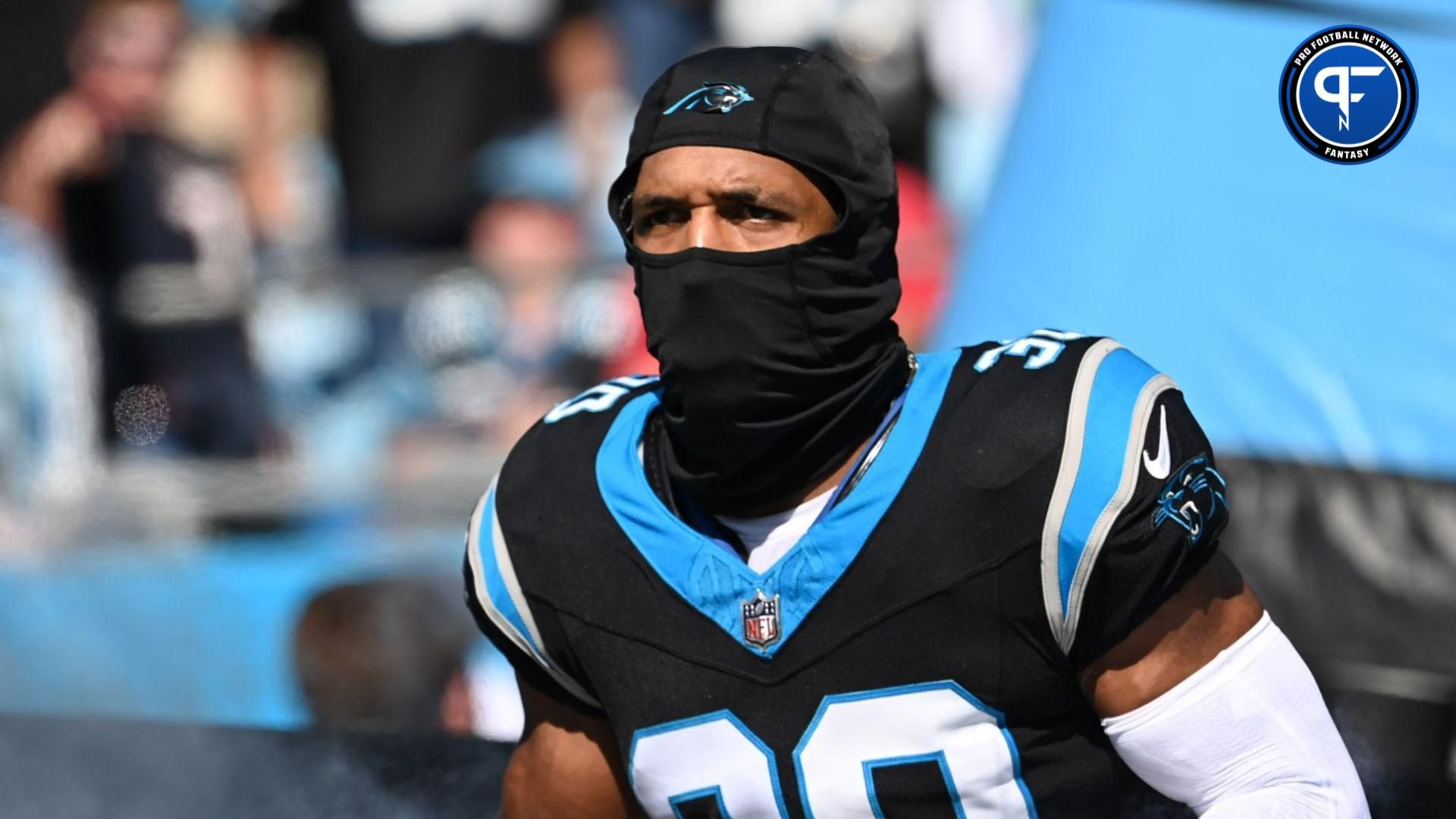 Carolina Panthers running back Chuba Hubbard (30) runs on to the field at Bank of America Stadium.